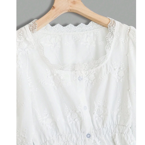 Boho White Semi Sheer Lace Button Down Embroidered Floral Top - Picture 4 of 9